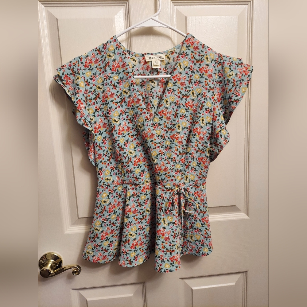 Women's Floral Blouse MONTEAU Short Sleeves Shirt Blue Pink Green Ruffled Sleeve - Picture 2 of 6